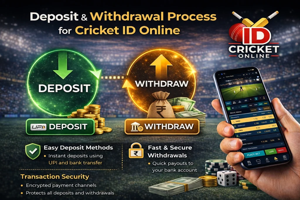 Cricket ID Online deposit and withdrawal process showing UPI deposits, fast withdrawals, and secure transactions