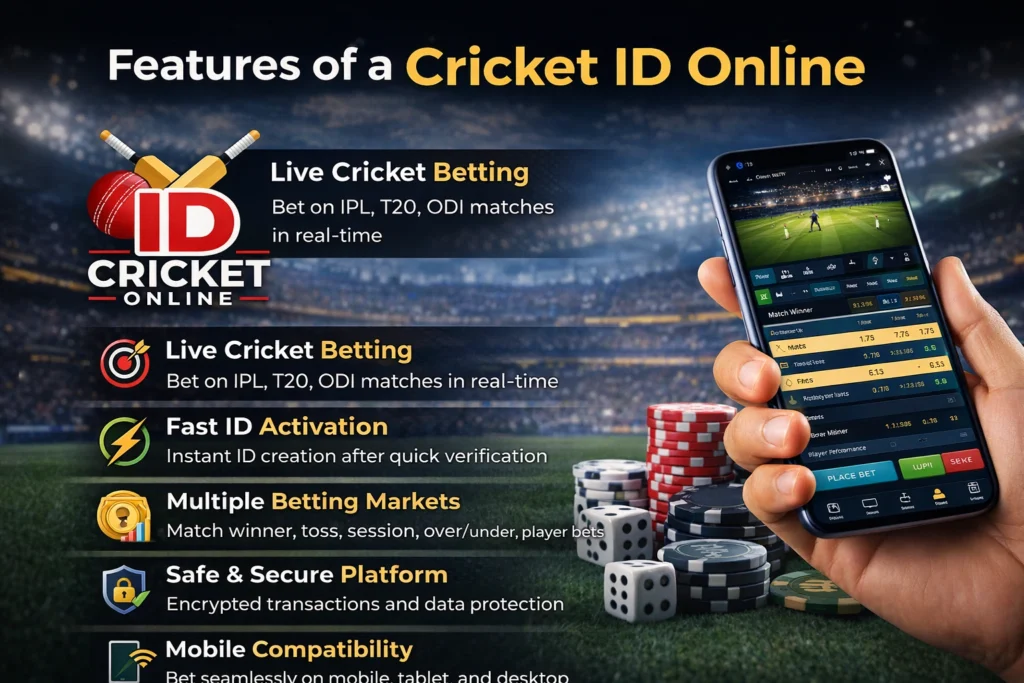 Features of a Cricket ID Online showing live cricket betting, fast ID activation, multiple betting markets, and secure mobile platform