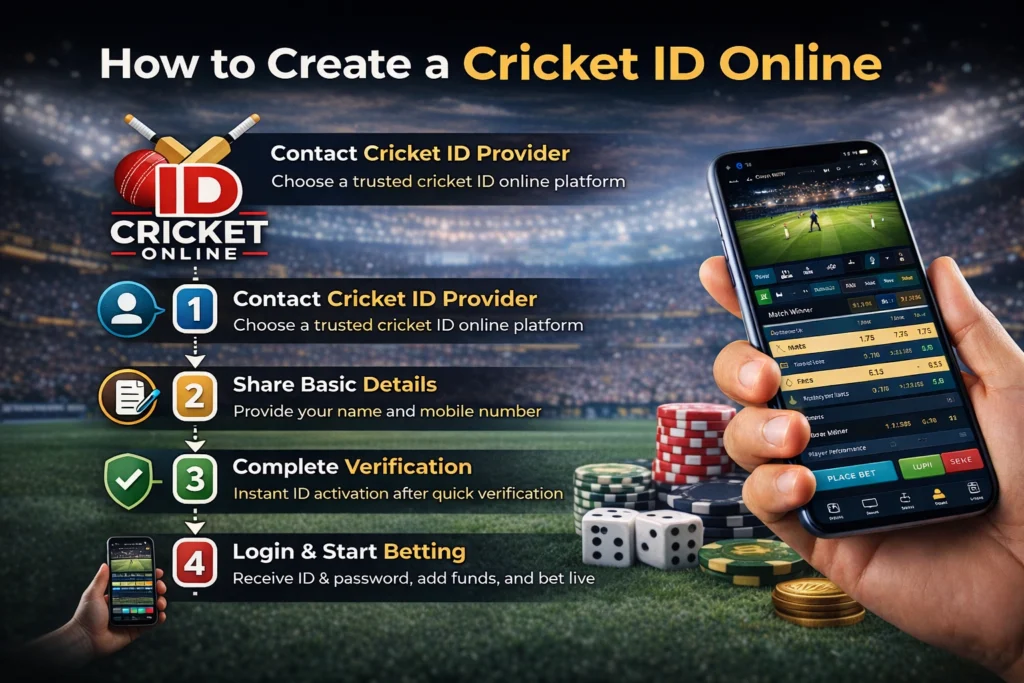 How to create a Cricket ID online step by step showing registration, verification, and live cricket betting access