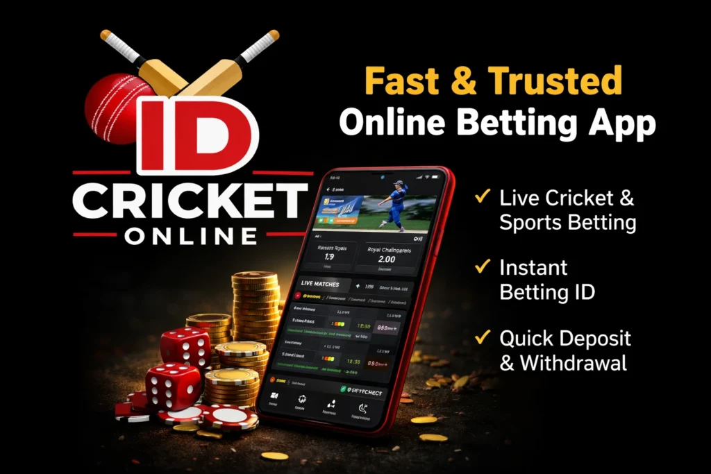 IDCricketOnline online betting app showing live cricket betting, instant betting ID, and fast deposit withdrawal features