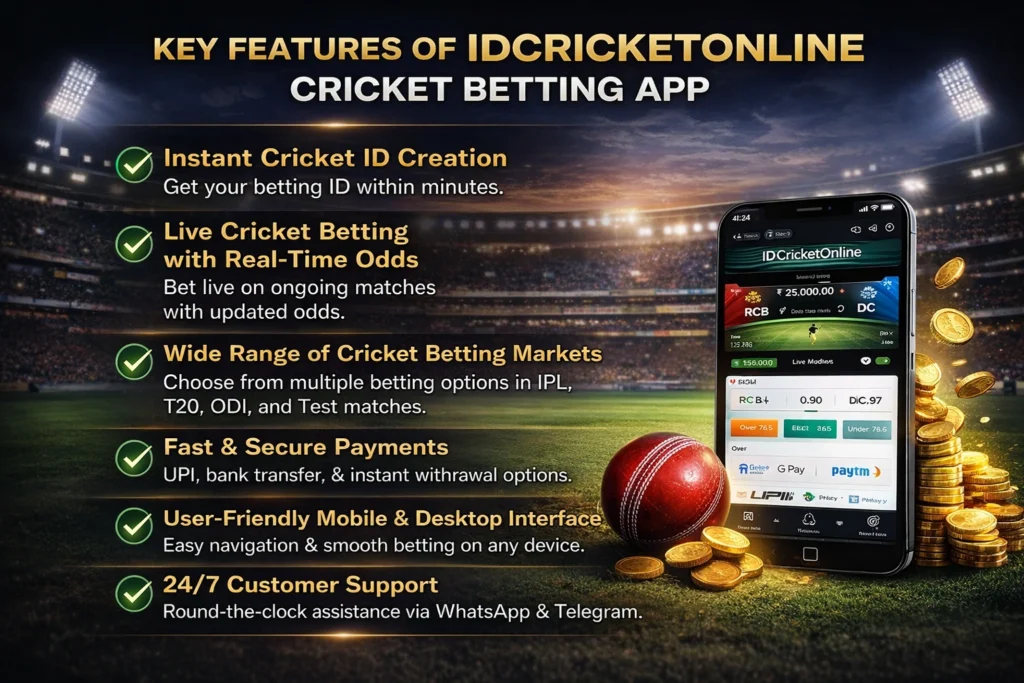 Key features of IDCricketOnline cricket betting app showing live cricket betting, instant cricket ID creation, fast UPI payments, and user-friendly mobile interface