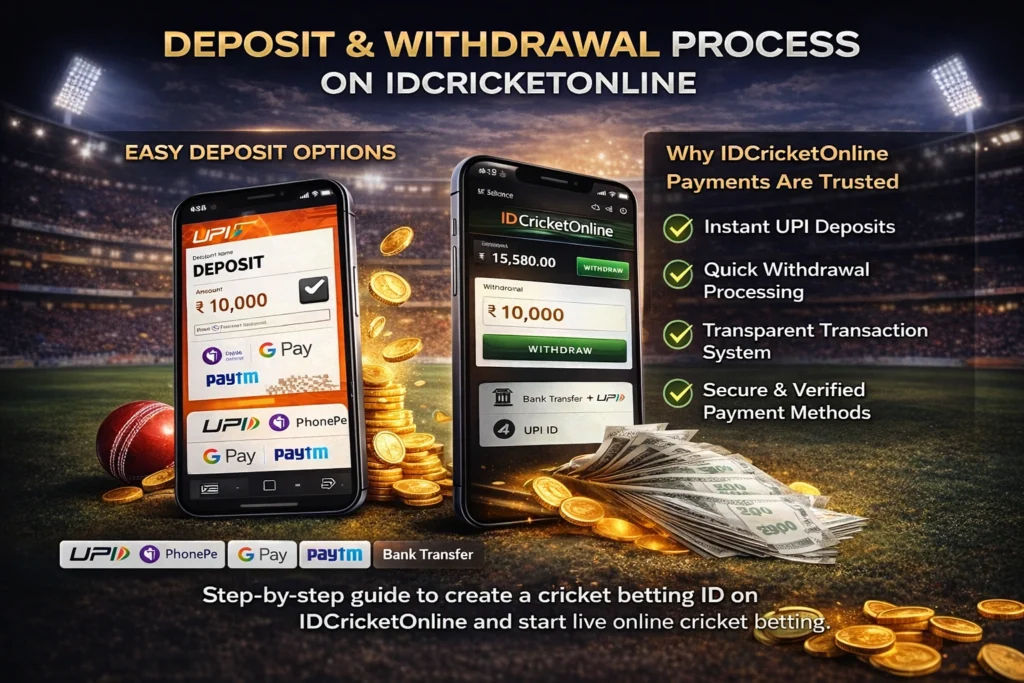 Deposit and withdrawal process on IDCricketOnline cricket betting app showing instant UPI deposit, fast withdrawal, and secure online payments