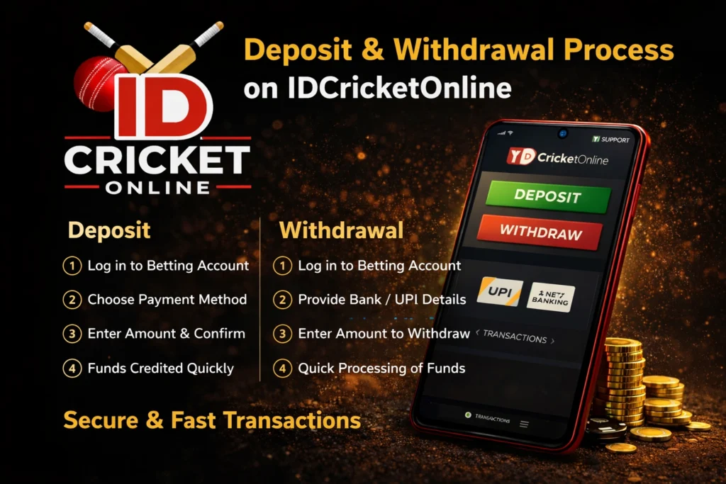 Deposit and withdrawal process on IDCricketOnline online betting app with fast UPI and bank transfer options