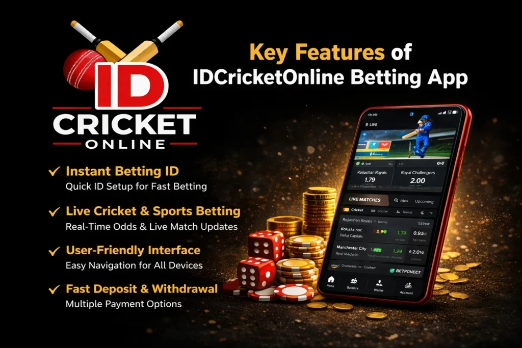 Key features of IDCricketOnline online betting app including instant betting ID, live cricket betting, fast deposit withdrawal, and 24/7 support