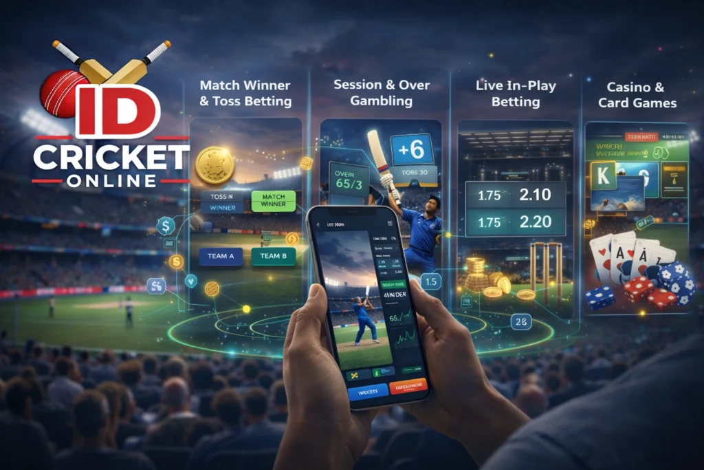 Different online gambling and betting markets on ID Cricket Online including match winner, session betting, live betting, and casino games
