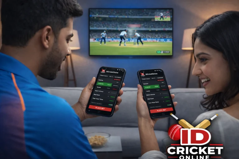 Two Indian cricket fans placing live betting games on IDCricketOnline using mobile phones while watching a cricket match at home