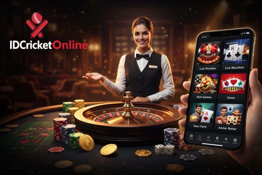Casino games available on IDCricketOnline showing live roulette, slots, Teen Patti, Andar Bahar, and mobile casino betting in India
