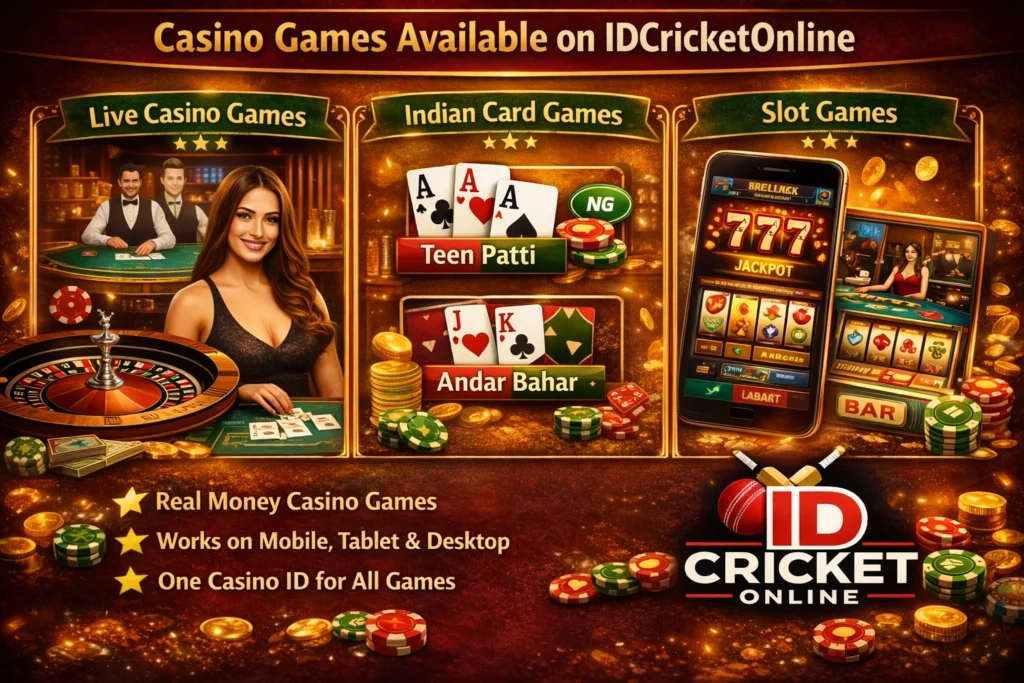 Casino games available on IDCricketOnline including live casino and slots