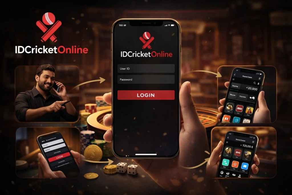 How to create an ID on IDCricketOnline showing login process, agent support, and mobile casino betting in India