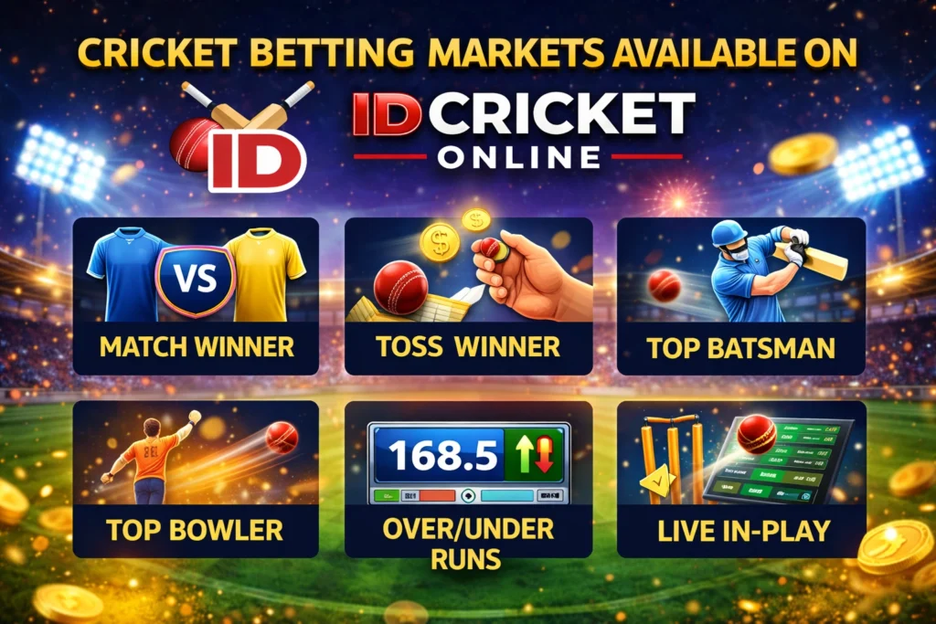 Cricket betting markets available on IDCricketOnline including match winner and live in-play betting