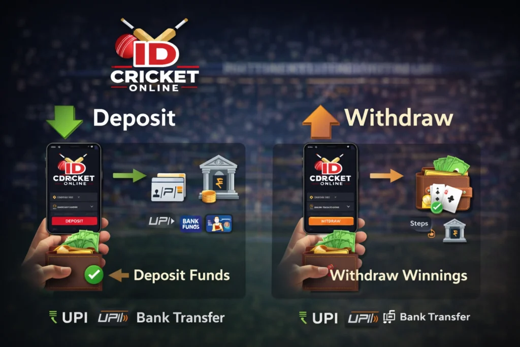 Deposit and withdrawal process on IDCricketOnline showing UPI and bank transfer options for Indian users
