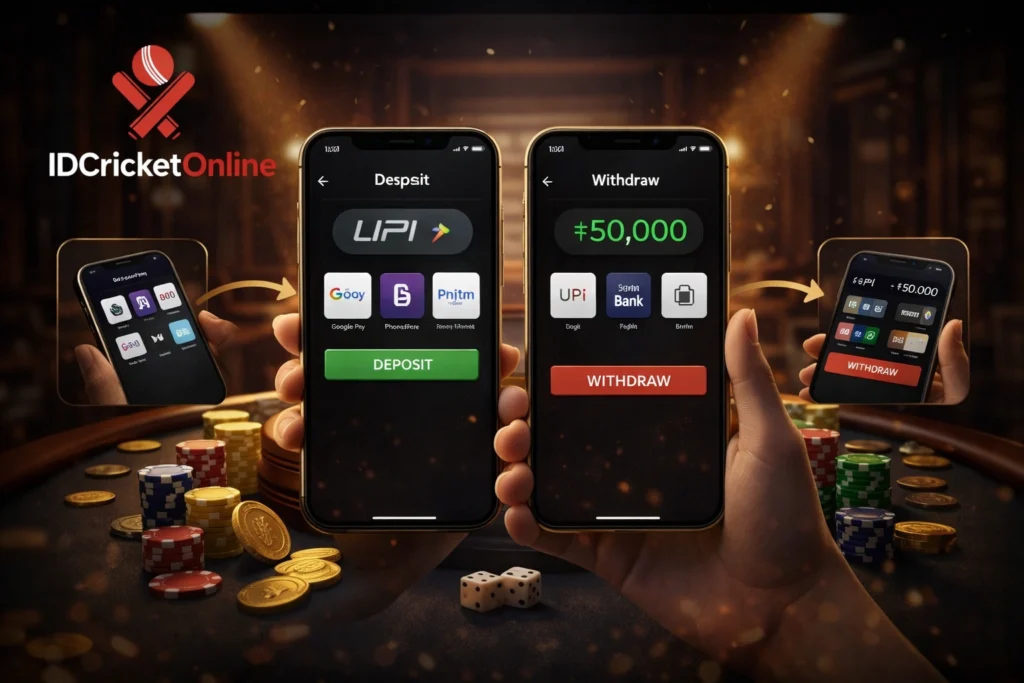 IDCricketOnline deposit and withdrawal process showing UPI payments and fast casino payouts in India