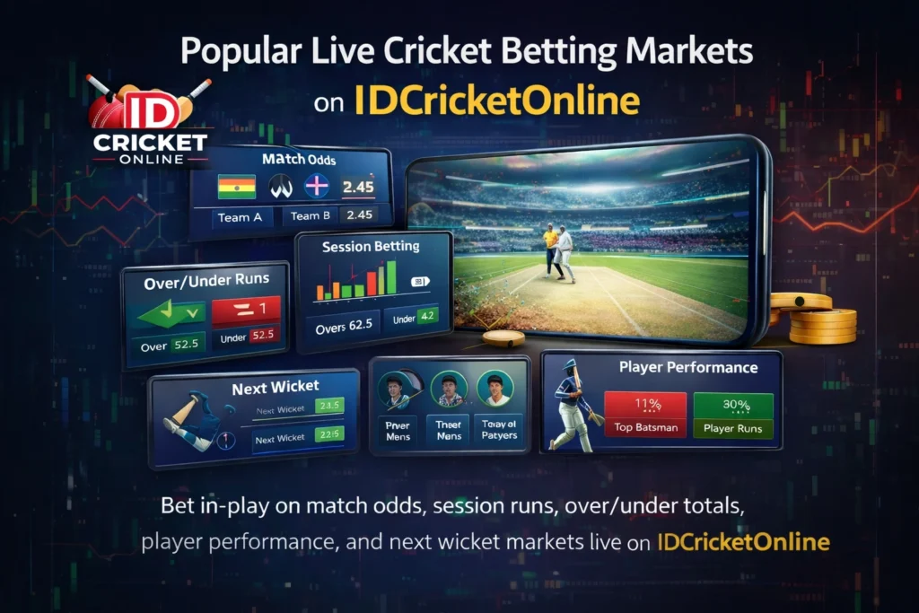 Popular live cricket betting markets on IDCricketOnline showing match odds, session betting, over under runs, player performance and next wicket options

