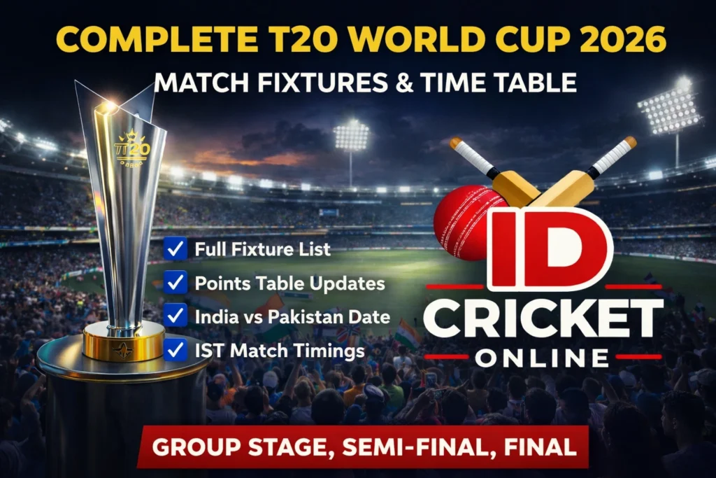 T20 World Cup 2026 match fixtures and time table banner with cricket stadium background and match schedule details.