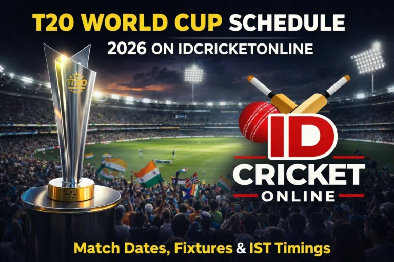 T20 World Cup 2026 schedule banner with trophy and stadium crowd on IDCricketOnline showing match dates and IST timings.