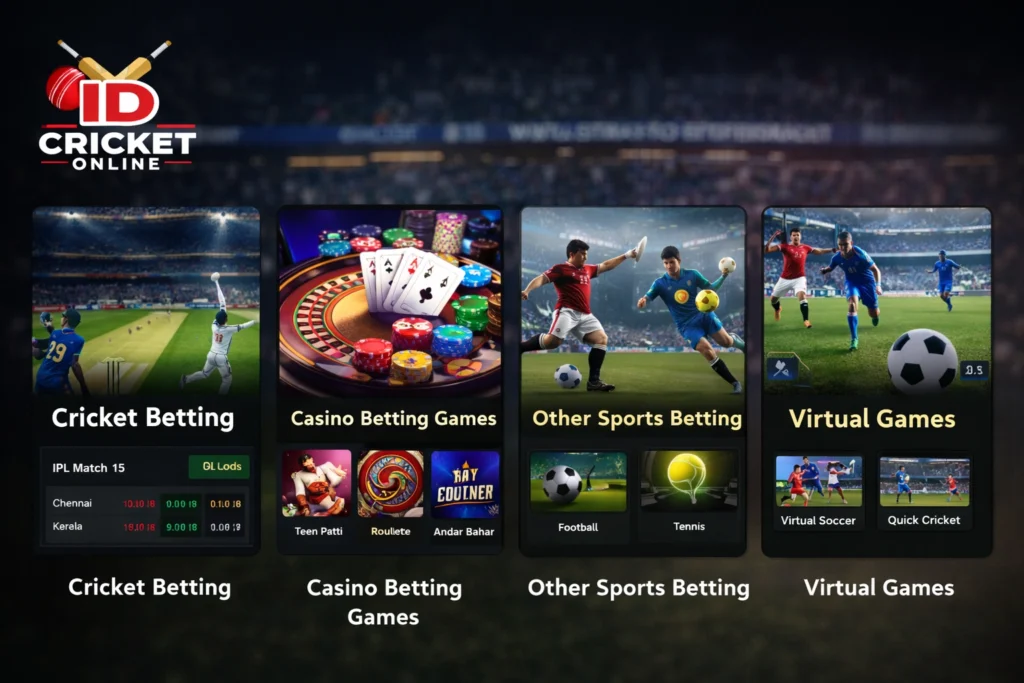 Types of betting games on IDCricketOnline including cricket betting, casino games, other sports betting, and virtual games

